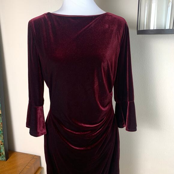 Ralph Lauren XL Velvet Ruched Stretch Dress Wine Red Bell Sleeve Formal Holiday - Picture 6 of 10
